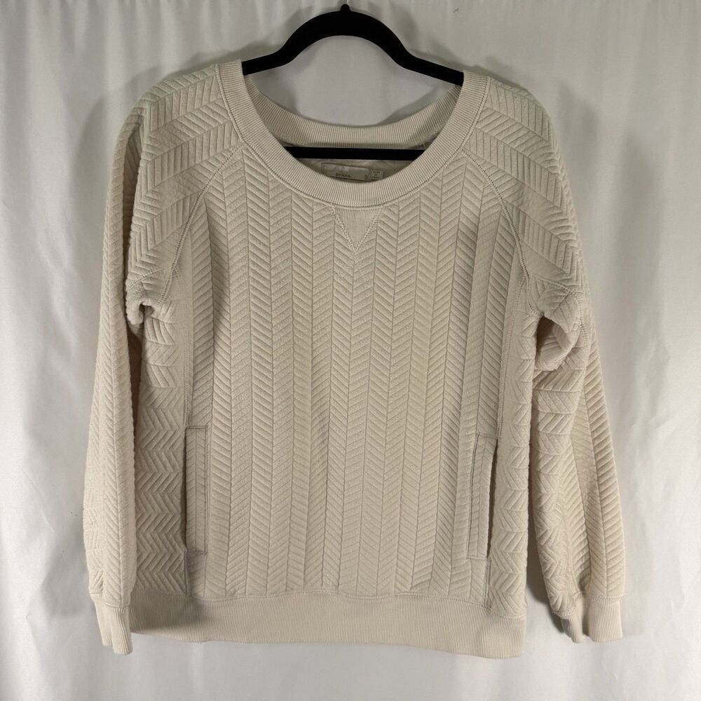 Prana Sweater Women's Small White Long Sleeve Round Neck Textured Pockets